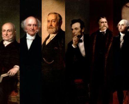 Presidents (from left) John Q. Adams, Martin Van Buren, Benjamin Harrison, Abraham Lincoln, Chester Arthur and George Washington. 